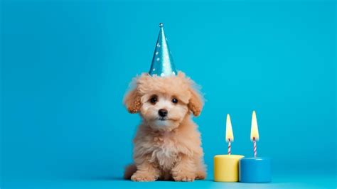 Premium Photo | Happy cute maltipoo puppy dog in party hat celebrating ...