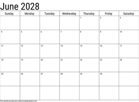 June 2028 Calendar - Handy Calendars