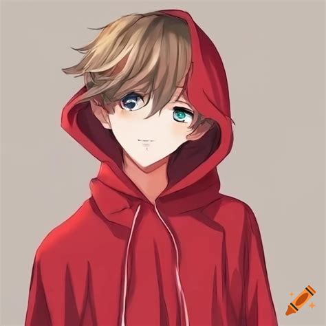 An anime boy with an open red hoodie and shirt with light brown hair