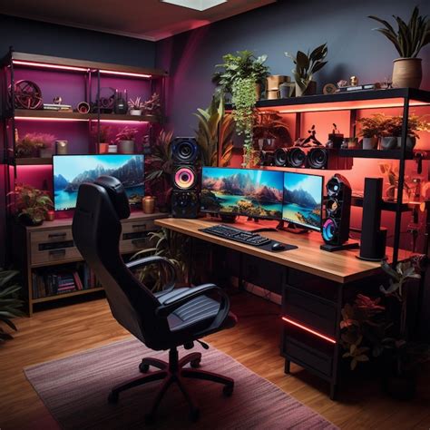 Premium AI Image | Gaming computer setup rgb lighting and curved ...