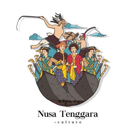 Set Nusa Tenggara Culture and Landmark Illustration. Hand drawn Indonesian cultures background ...