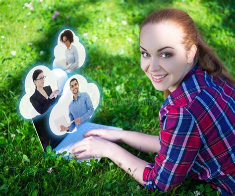 Social Network Concept Teenage Girl Lying Park Laptop Stock Photos - Free & Royalty-Free Stock ...