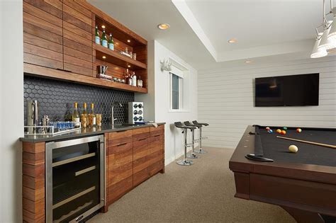 Game Room Wet Bar with Black Hex Tile Backsplash - Contemporary - Media ...