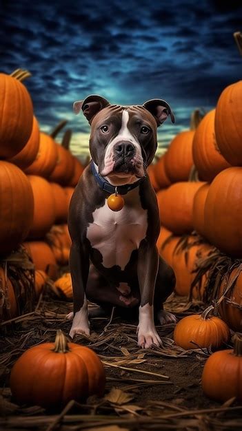 Premium AI Image | Pitbull standing on a pumpkin patch at sunset