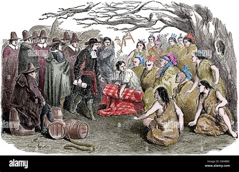 William Penn (1644-1718) signing to Peace Treaty with Native Americans, 1862. Engraving, color ...