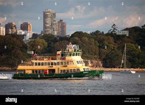 Sydney Harbour Ferry Catamaran "Supply" passing apartment buildings in the late afternoon Sydney ...