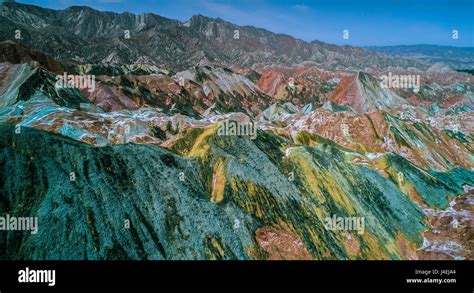 Aerial view on the colorful rainbow mountains of Zhangye danxia ...