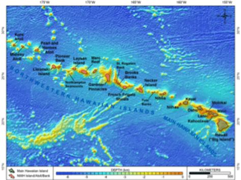 Bathymetric map of the Hawaiian Islands. Depth of water is indicated by... | Download Scientific ...