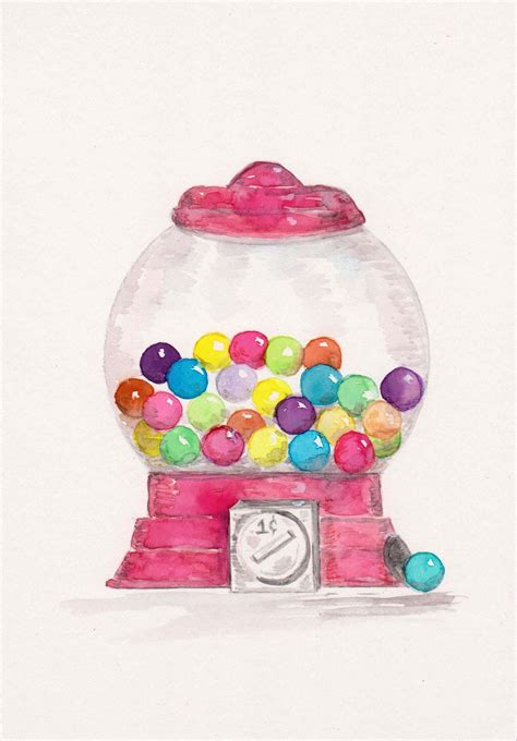 Gumball Machine Watercolor Print, Bubble Gum Vending Machine Painting ...