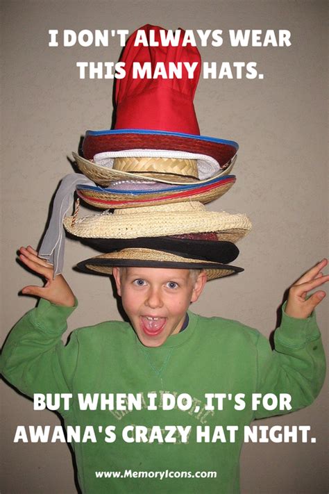 Awana Crazy Hat Night Meme www.memoryicons.com Crazy Hats, Game Ideas, Christian Life, Cubbies ...