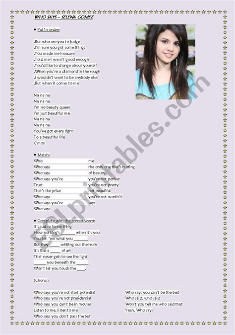 Selena Gomez - Who says - ESL worksheet by menagarcia