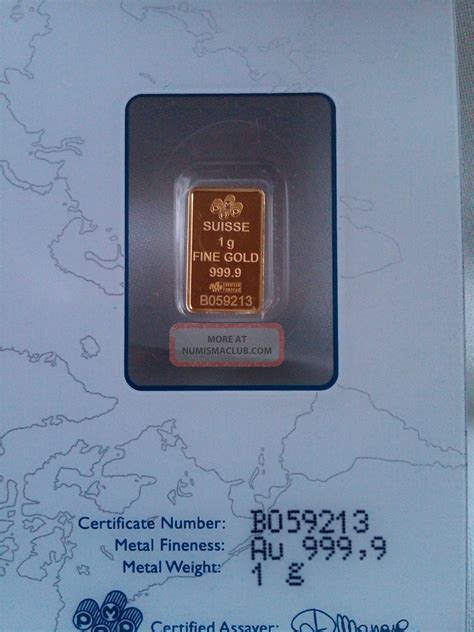 1 Gram Pamp Suisse Gold Bar 999. 9 Assayed Certificate B059213