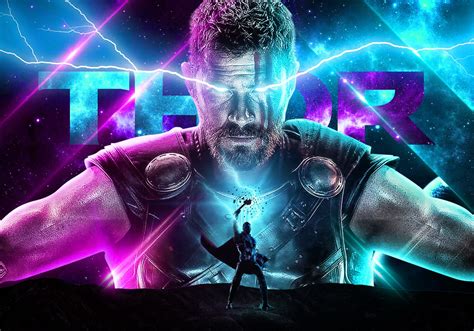 the poster for'thor'is shown in purple and blue