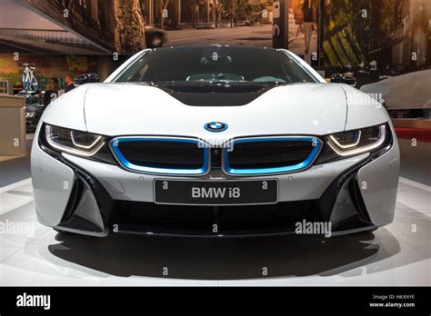 AMSTERDAM - APRIL 16, 2015: Front view of a BMW i8 plug-in hybrid ...