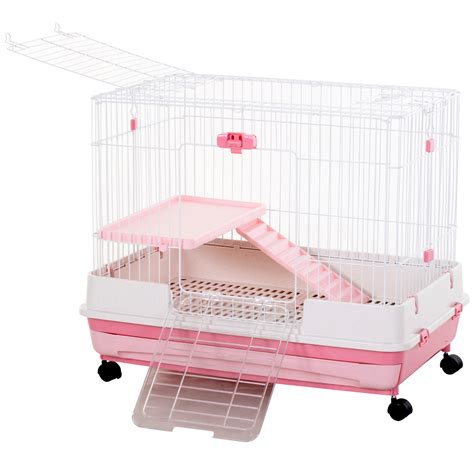 PawHut 2-Level Bunny Cage Indoor, Small Animal Cage with Wheels ...