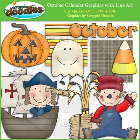 October Calendar Clip Art with Line Art Download | Etsy