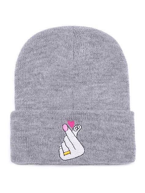 Grey Embroidered Funny Beanie Hat -SheIn(Sheinside)