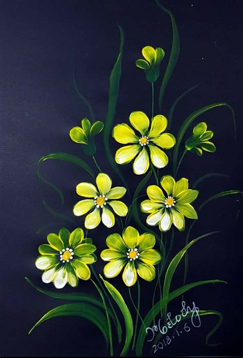 a painting of yellow flowers on a black background