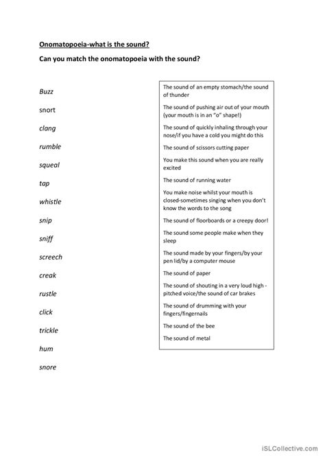 Onomatopoeia Starter: English ESL worksheets pdf & doc