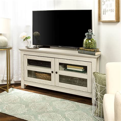 44" White Corner Tv Stand & Media Storage Console | Wood corner tv stand, Furniture, Living room ...