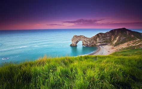 nature, Landscape, Durdle Door, England, Beach, Sea, Grass, Sand, Clouds, Sunset, Hill ...