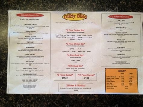 Menu at Dirty Bird restaurant, Morgantown