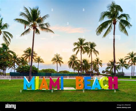 Miami Beach Sign, Sunrise, South Beach, Ocean Drive, Floridas East Coast Miami Florida USA Stock ...