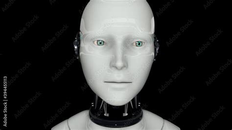 Artificial intelligence. Futuristic humanoid robot is activated, moves its head, eyes and scans ...