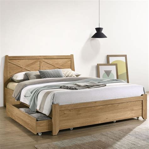 Miles Rustic Natural Light Oak Bed Frame with Storage Drawers ...