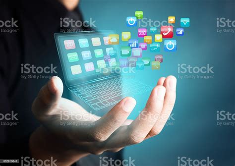 Touch Screen Laptop With Colorful Application Icons Stock Photo ...