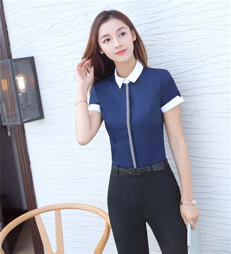 Summer Women Blouses & Shirts Navy blue Short Sleeve Female Work Wear Clothes Ladies Tops Office ...