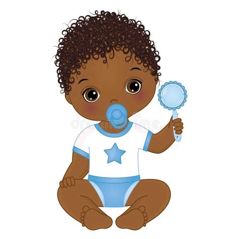 Pacifier Cartoon Drawing : Vector Cute African American Baby Boy With Rattle. Vector Baby Boy ...