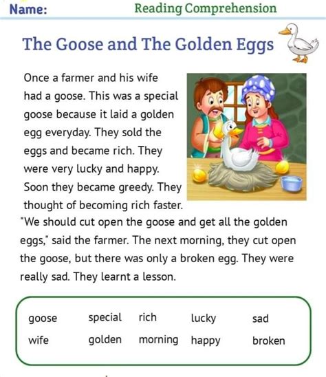 The Goose and the Golden Eggs .Reading comprehensive .reading practice ...