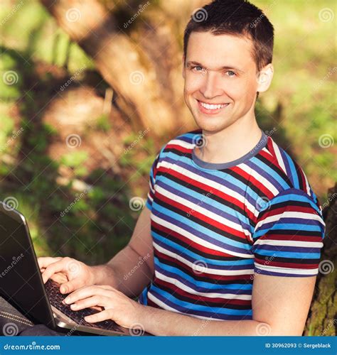 Outdoors Portrait Men with Laptop Stock Image - Image of affection, cheerful: 30962093