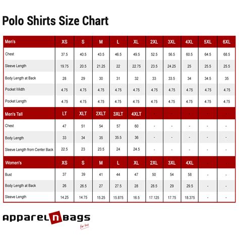 Polo Shirt Size Chart | ApparelnBags.com