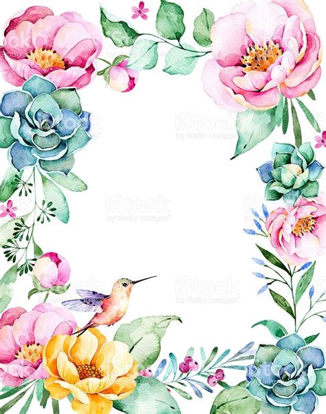 Beautiful watercolor frame border with roses,flower,foliage,succulent plant royalty-free stock ...