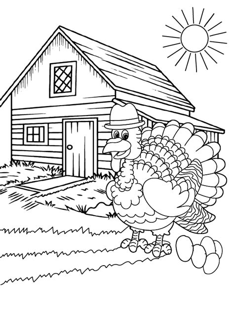 Turkey Trouble Farm House Coloring Page - Free Printable Coloring Pages for Kids