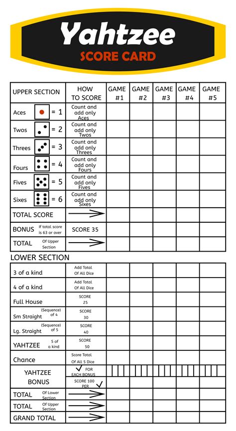 Yahtzee Score Card Printable Free