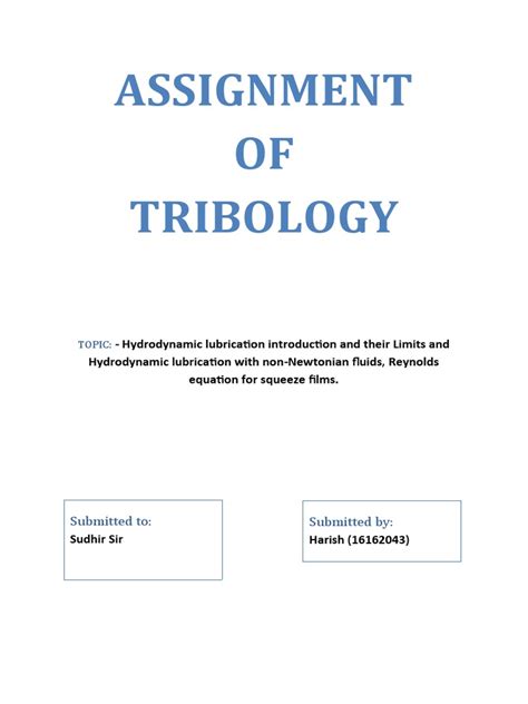 Hydrodynamic Lubrication Assignment | PDF | Friction | Fluid Dynamics