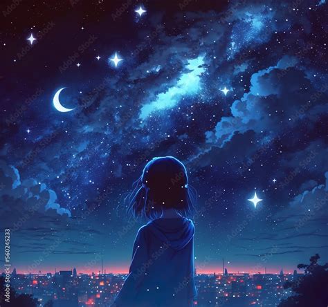 alone anime girl watching the night stars Stock Illustration | Adobe Stock