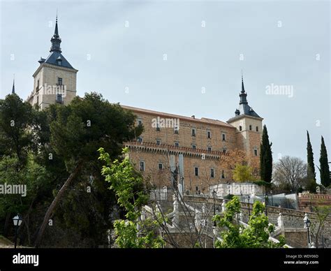 TOLEDO, SPAIN - APRIL 24, 2018: View of the Alcazar and the Monument to ...