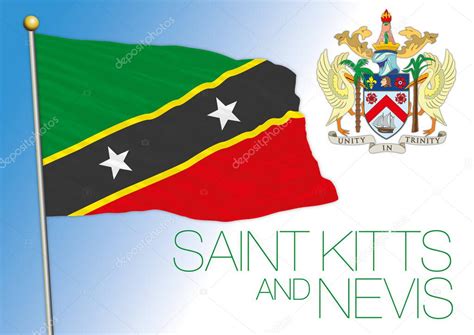 Islas Saint Kitts y Nevis bandera nacional oficial y escudo de armas, Antillas, ilustración ...