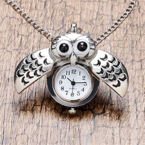 Cute Silver Vintage Night Owl Necklace Pendant Quartz Pocket Watch ...