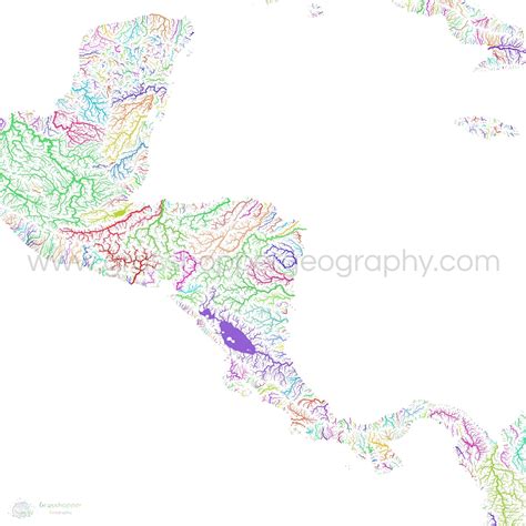 River basin map of Central America, rainbow colours on white Fine Art ...