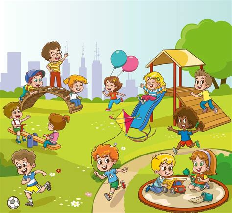 kids activities at the playground.Children playing in the park. Playground with kids. Group of ...