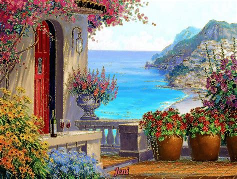 Painting of Flowers by the Ocean with Red Door