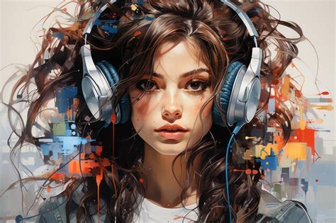 Premium AI Image | painting of a woman in headphones headphones girl woman with headphones ...