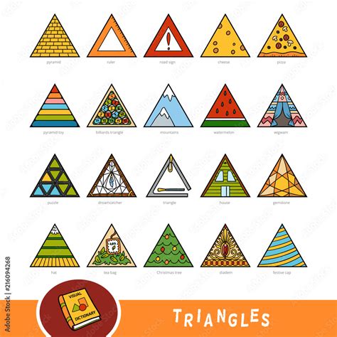 Colorful set of triangle shape objects. Visual dictionary for children about geometric shapes ...