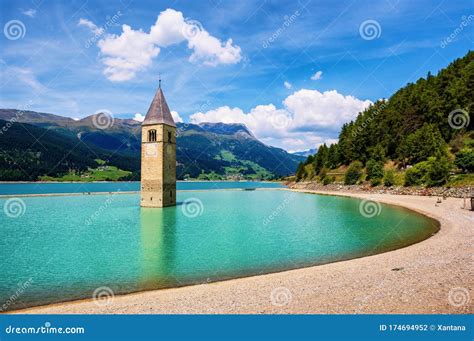 Church in the Lake Reschen Bell Tower, South Tyrol, Italy Stock Photo - Image of landscape ...