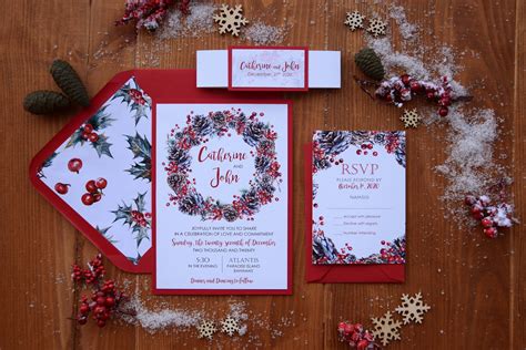 Christmas Wreath Wedding Invitations with pine cones and holly